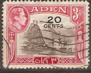 Aden 1951 20c on 3a Sepia and carmine. SG39.